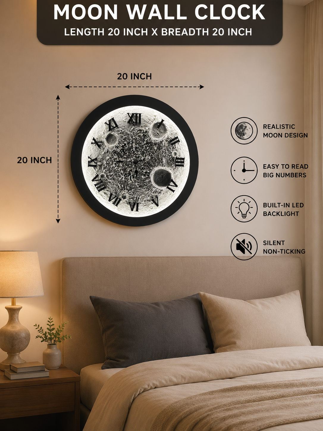 Moon Surface Decorative Wall Clock with Black Roman Numerals