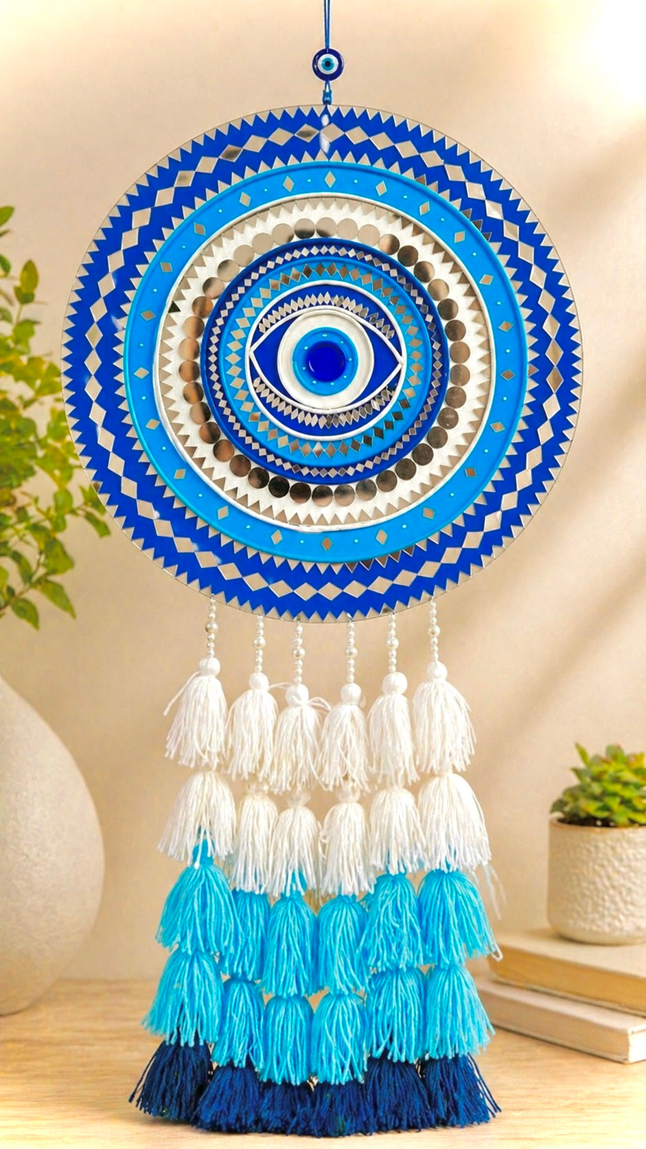 Blue Evil Eye Mandala Wall Hanging – Mirror Mosaic & Tassels