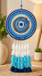 Blue Evil Eye Mandala Wall Hanging – Mirror Mosaic & Tassels