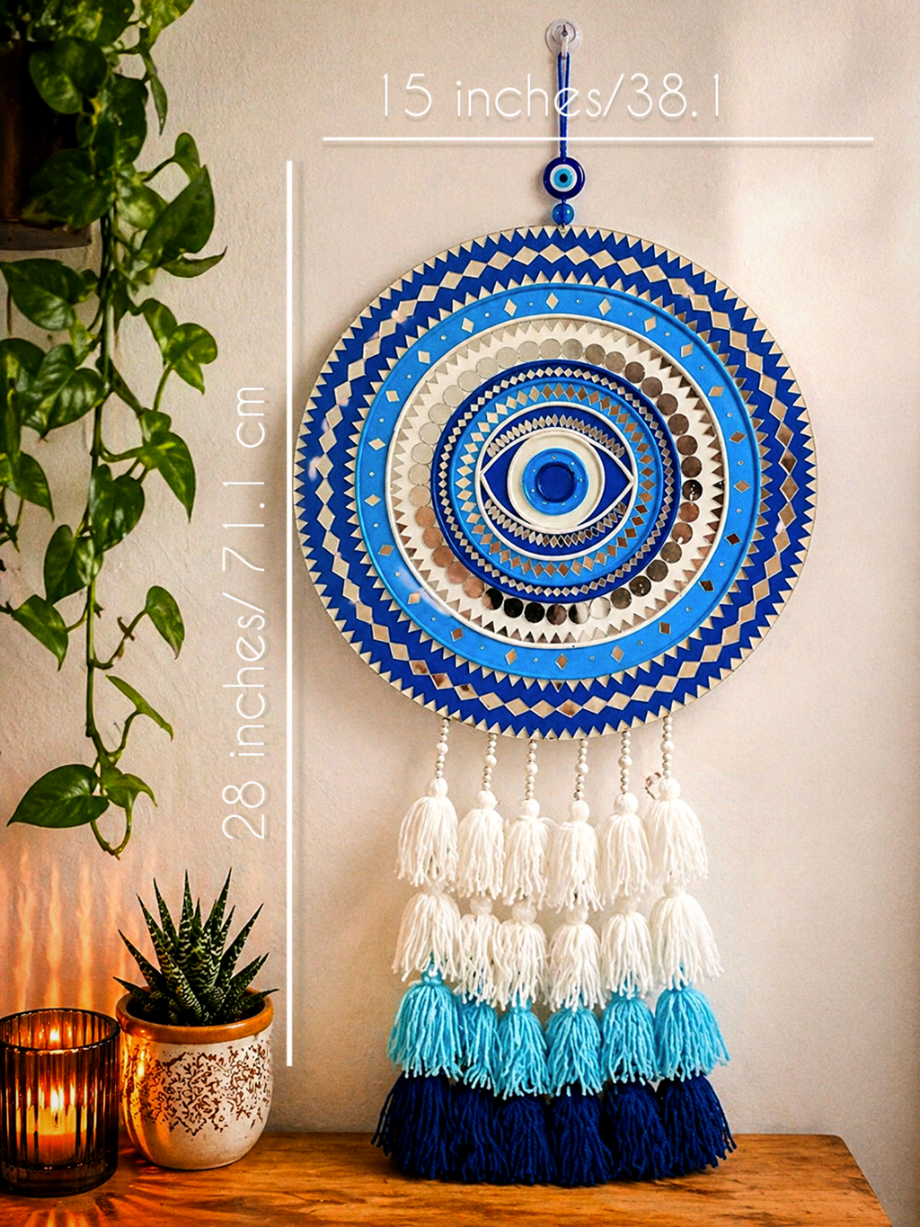 Blue Evil Eye Mandala Wall Hanging – Mirror Mosaic & Tassels