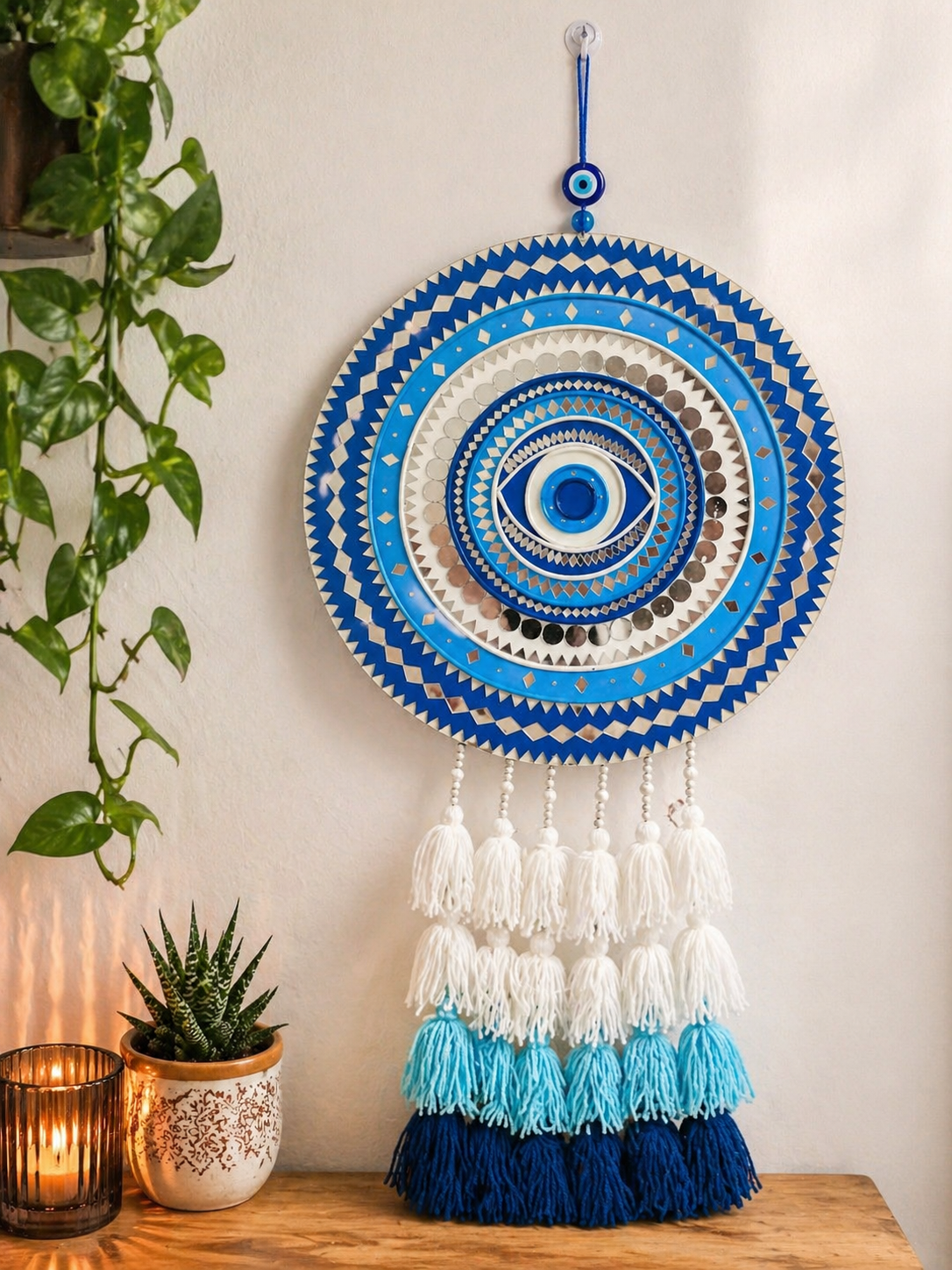 Blue Evil Eye Mandala Wall Hanging – Mirror Mosaic & Tassels