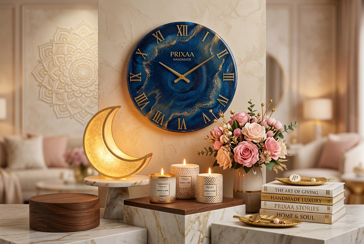 A round wall clock with a deep blue and gold marbled design and gold Roman numerals, mounted on a beige wall in a beautifully decorated living room setting with candles, flowers, and books.